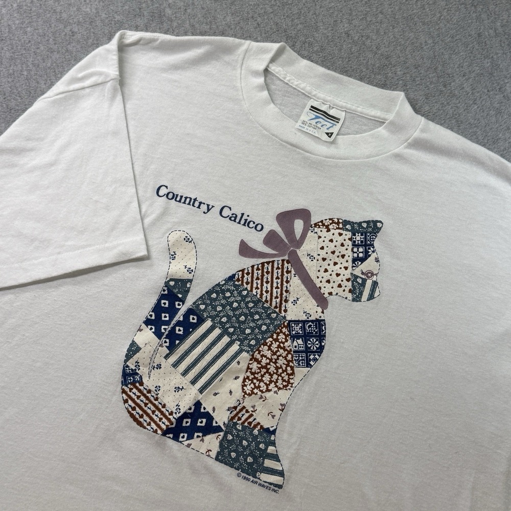 Vintage 1990 Country Calico Cat T-Shirt XL Single‎ Stitch Air Waves Made USA